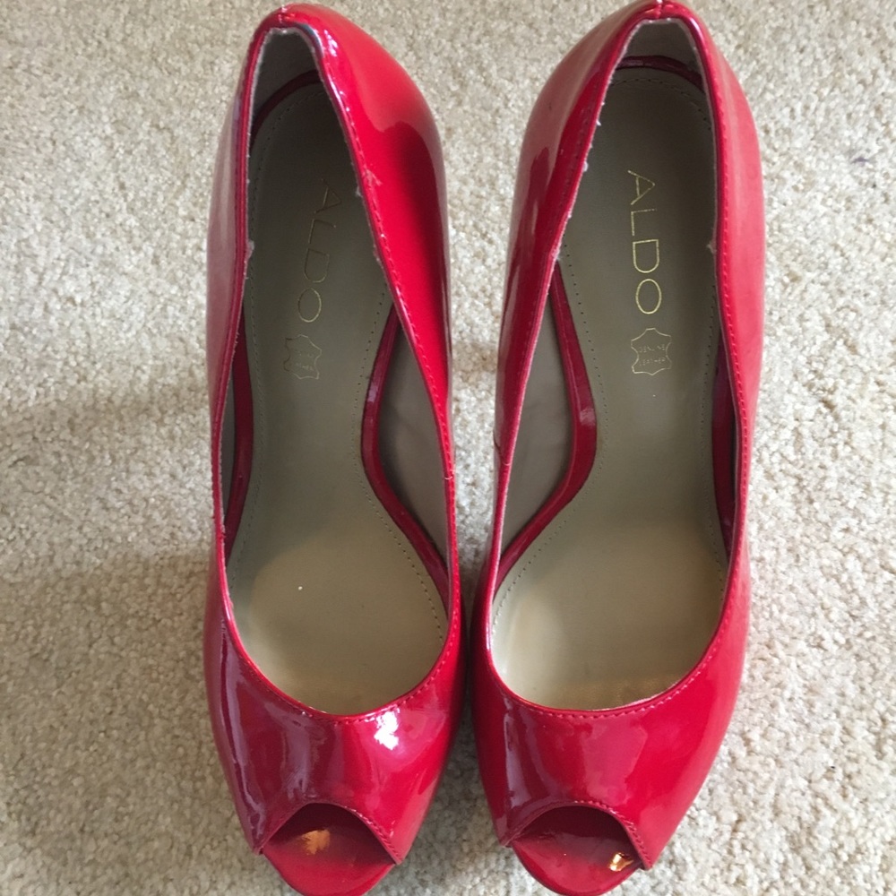 Apple red peep toe pumps from Aldo